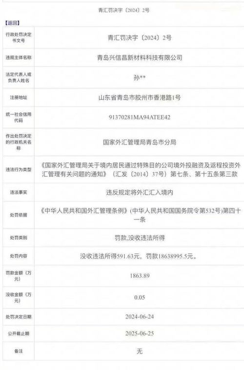 青島一企業(yè)因 違規(guī)將外匯匯入境內(nèi) 被罰1863萬(wàn)元